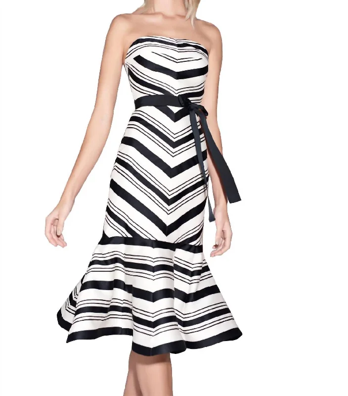 spaghetti strap dressRibbon Tie Belt Strapless Drop Waist Midi Dress in Black And White