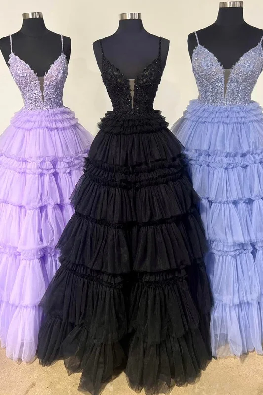 Holiday Sale office dressLilac Floral Layers Spaghetti Straps Lonh Prom Dress