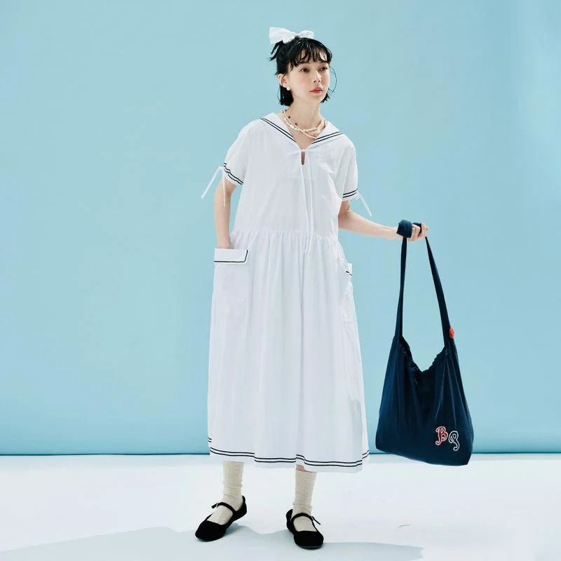 Special Offer casual evening dressSummer Striped Cotton Mid-Length Dress with Sailor Collar and Pockets