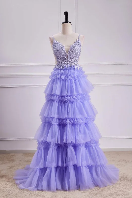Huge Discounts casual shift dressLavender Plunging V Neck Floral Layers A-line Long Prom Dress