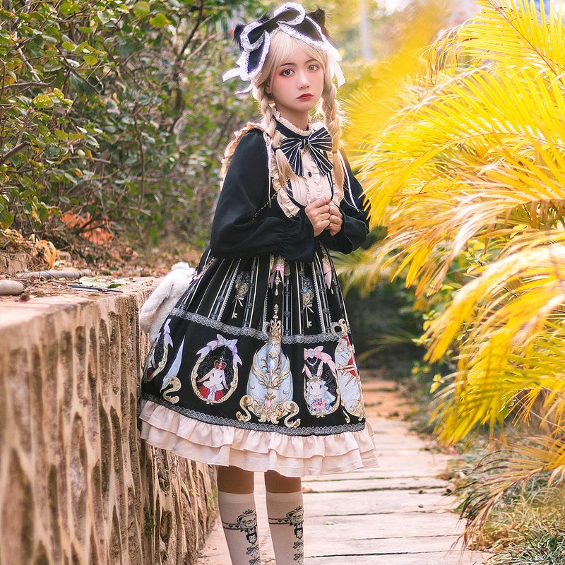 Lowest Price stylish party dressNiu Niu~Easter~Plus Size Lolita Dress Black Long Sleeve Vintage OP