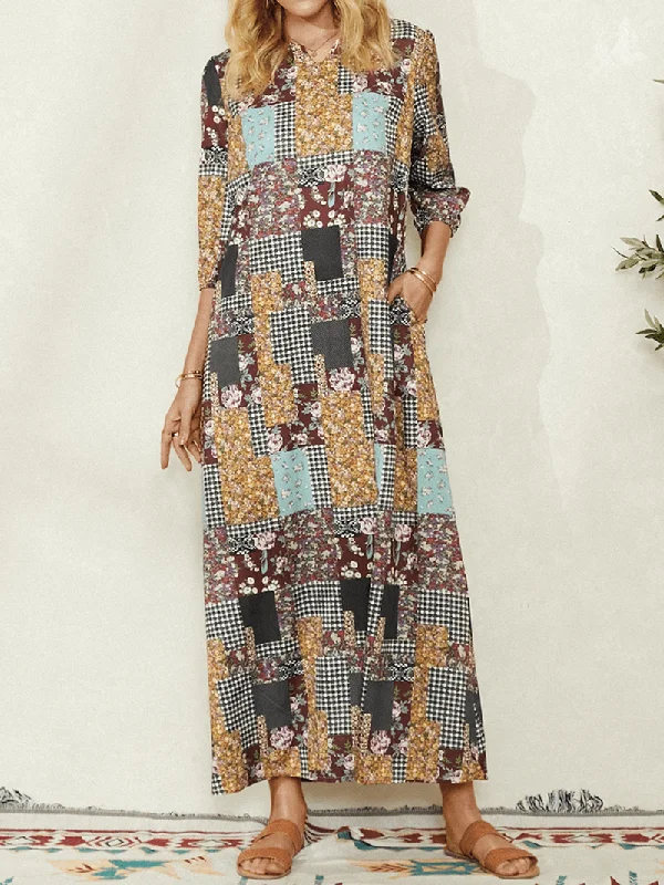Exclusive Savings chic dressWomen Colorblock Floral Plaid Print Vintage Maxi Dress with Pocket