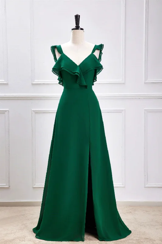 Reduced Prices casual summer dressGreen Flutter Sleeves Ruffled A-line Long Bridesmaid Dress with Slit