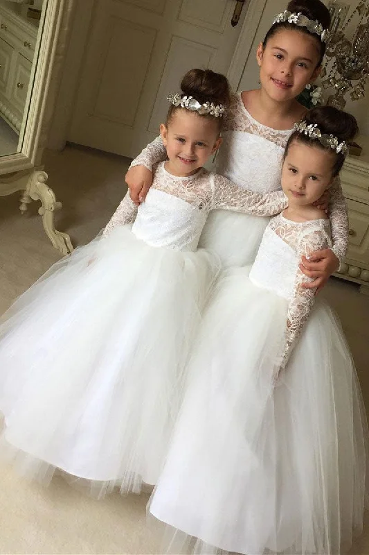 Big Savings silk dressPrincess Long Sleeves White Long Flower Girl Dress