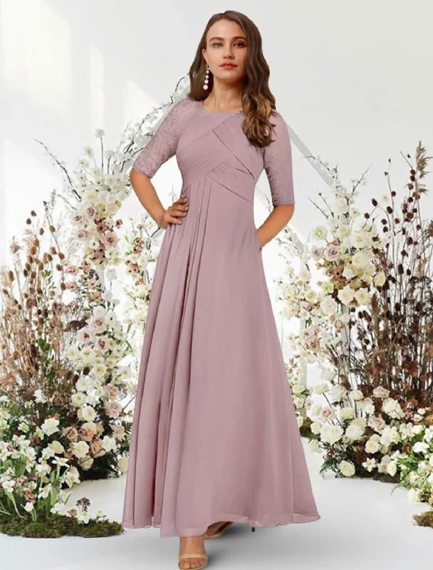 Limited Quantity A-Line Evening Gown Elegant Dress Wedding Guest Floor Length Half Sleeve Jewel Neck Chiffon with Pleats Ruched Limited Quantity A-Line Evening Gown Elegant Dress Wedding Guest Floor Length Half Sleeve Jewel Neck Chiffon with Pleats Ruched