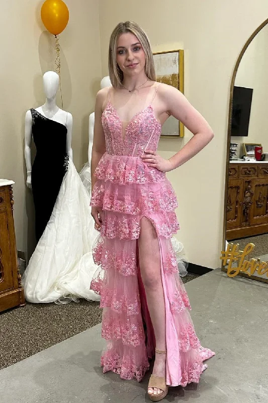 Year-End Clearance casual knit dressPink Plunging V Spaghetti Straps Layers Floral A-line Long Prom Dress