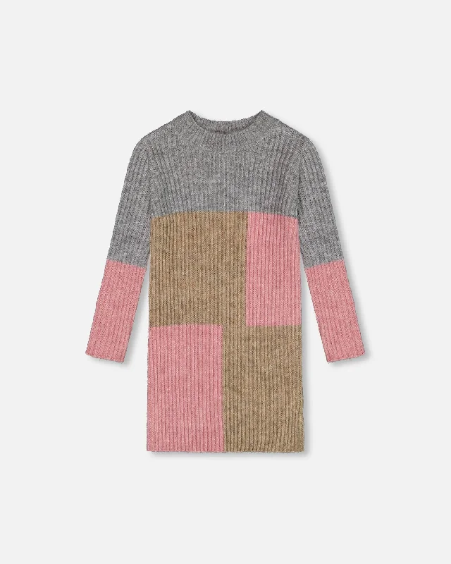 Inventory Reduction velvet dressColorblock Sweater Dress Gray, Golden And Pink