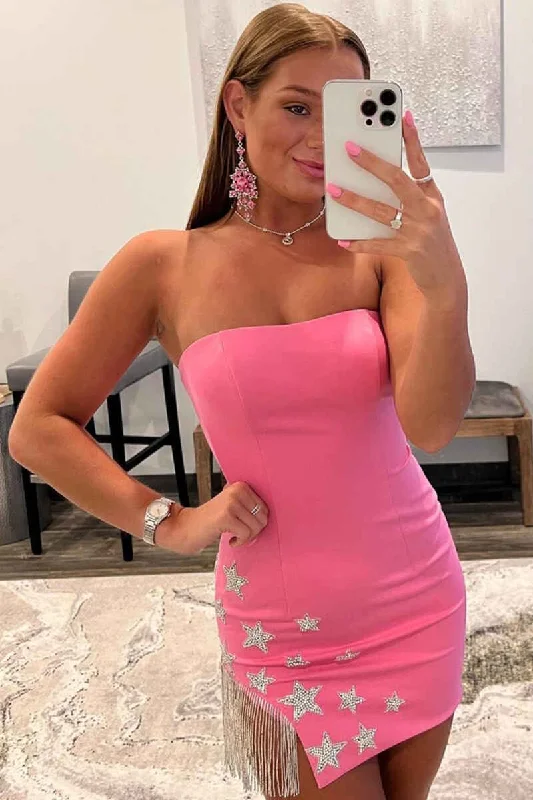 Exclusive Access satin dressPink Strapless Stars Tassel Tight Mini Homecoming Dress