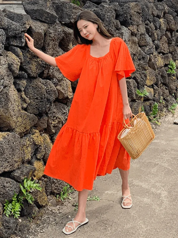 Lowest Price boho-chic dressFlare Sleeve Bohemian Square Neck Solid Loose Dress for Women
