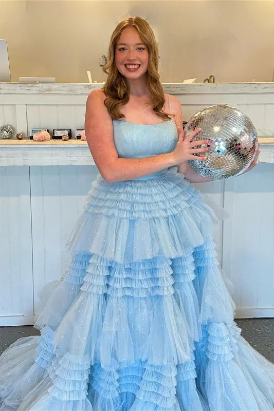 Flash Deals tiered dressLight Blue Retro-U Spaghetti Straps Layers A-line Long Prom Dress