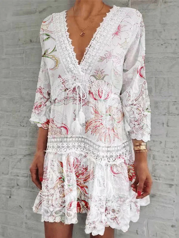 Loyalty Reward vintage dressWomen Flower Print Plunge Tie Front 3/4 Sleeve Lace Mini Dresses