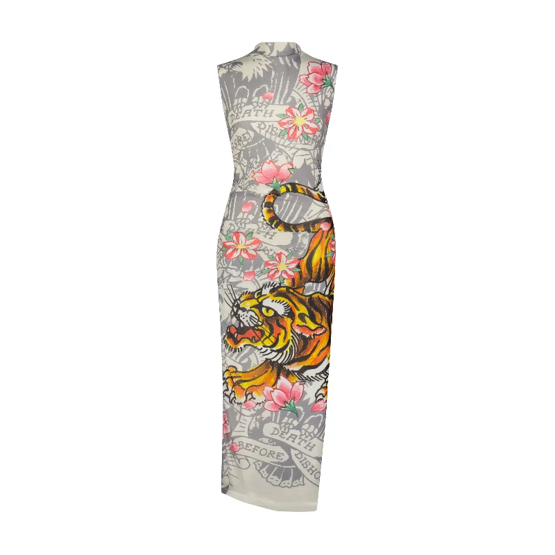 trendy bodycon dressCrawling Tiger Print Mesh Maxi Dress