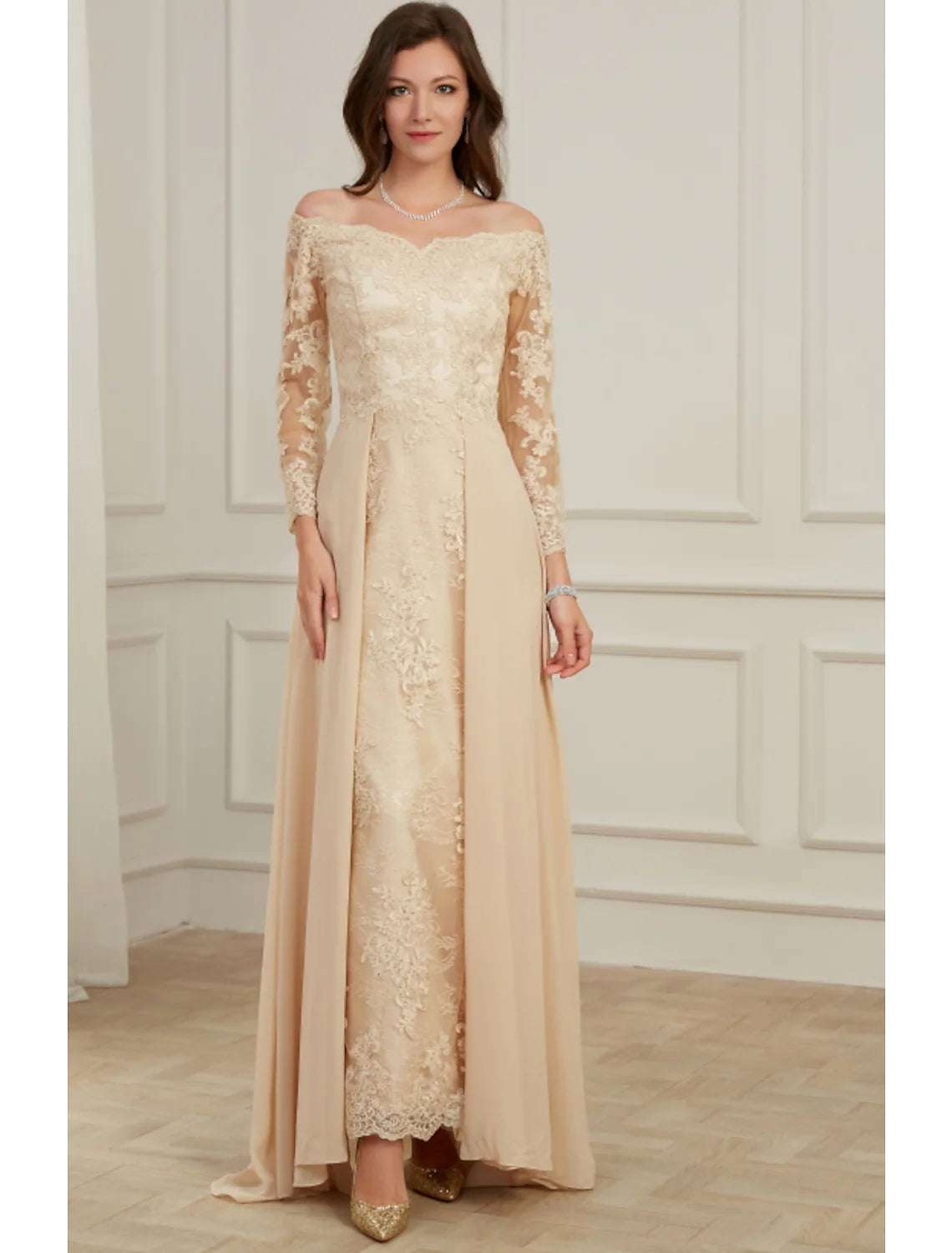 Special Buy A-Line Evening Gown Elegant Dress Wedding Guest Floor Length Long Sleeve Off Shoulder Appliques