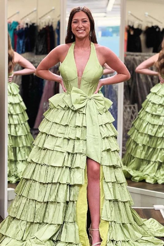 Epic Deals elegant dressHalter Sage Green Satin Ruffle Long Formal Dress