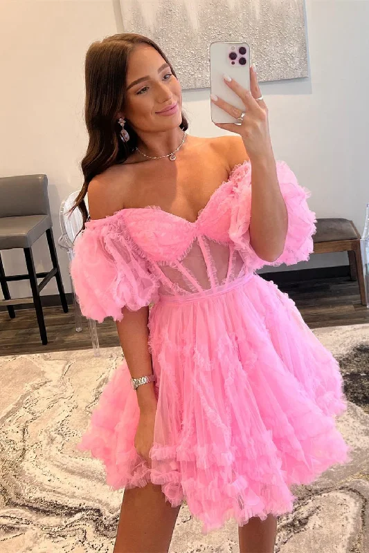 Instant Discount sophisticated dressPink Off-the-Shoulder Ruffles Puff Sleeves Homecoming Dress