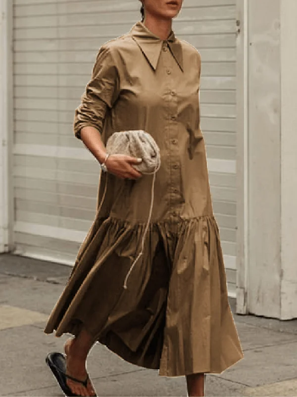 Exclusive Deal ruffle dressWomen Solid Color Lapel A-Line Long Sleeve Simple Maxi Shirt Dresses