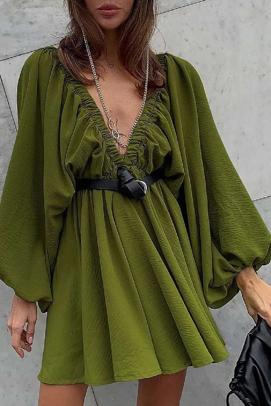 backless dressV Neck Puff Sleeve Ruched Dress