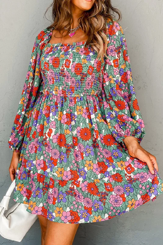 structured dressFloral Smocked Bust Square Neck Ruffled Dress