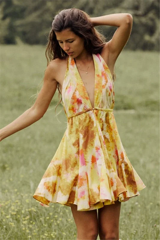 Can't Be Beat formal dressNew fashionable V-neck suspender sexy printed halter neck short dress