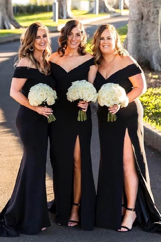 Midnight Madness chic wrap dressElegant Off Shoulder Mermaid Long Bridesmaid Dress with Slit
