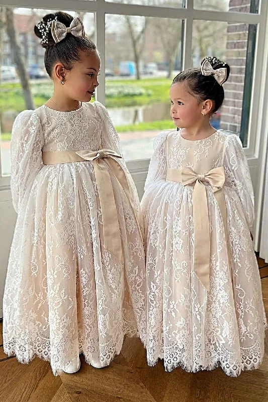 Deal of the Week denim dressIvory Lace Long Sleeve Pleated A-Line Flower Girl Dress