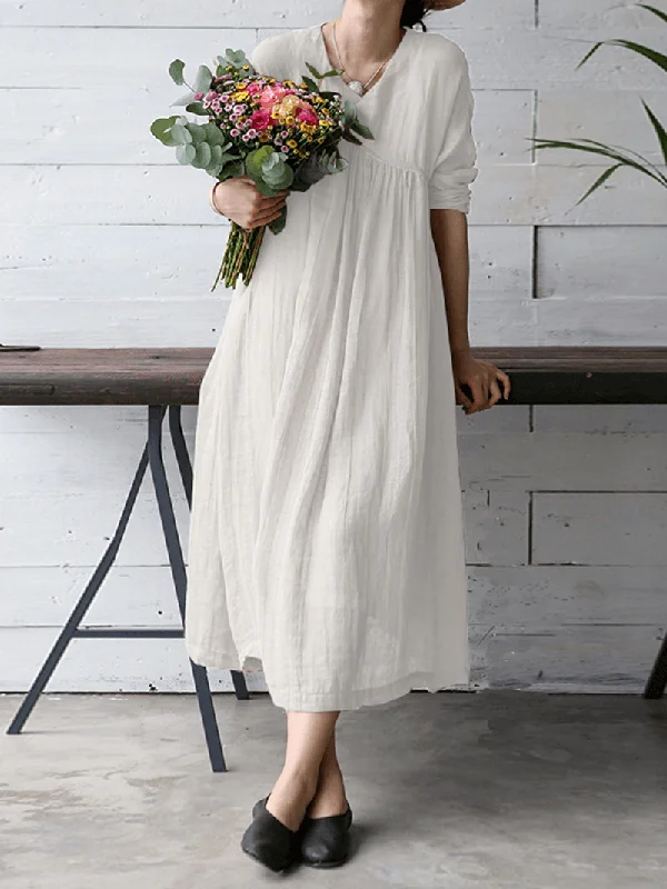 New Arrival sleeveless dressM-5XL Vintage Women Solid Color V-Neck Long Sleeve Dress