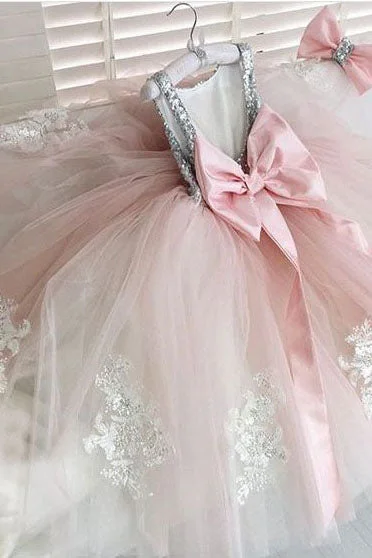 Deep Discounts ruffle dressCute Silver Sequins Pink Flower Girl Dress with Bow Knot
