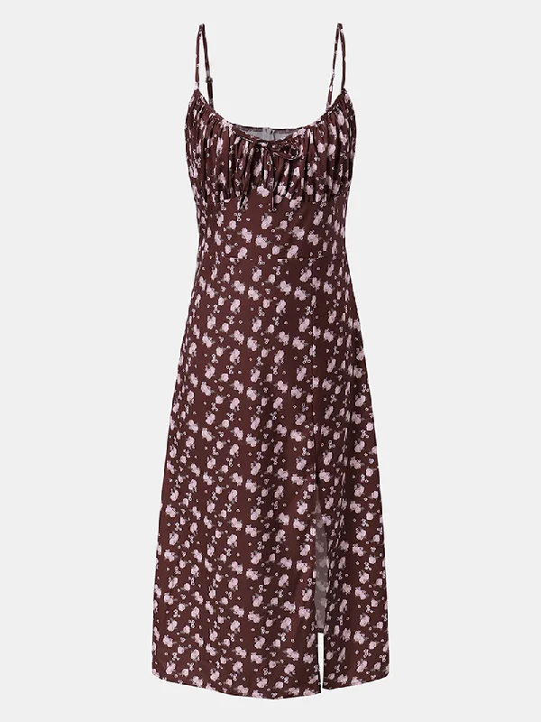 Early Access off-shoulder dressWomen Retro Ditsy Floral Print Split Strappy Cami Casual Midi Dresses