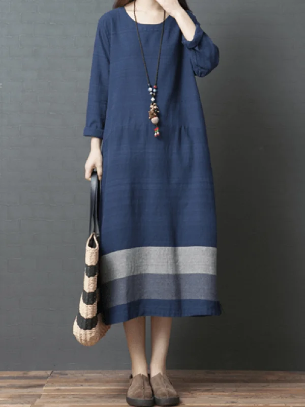 Savings Bonanza sleek dressVintage Women Loose Cotton Linen Striped Patchwork Dress