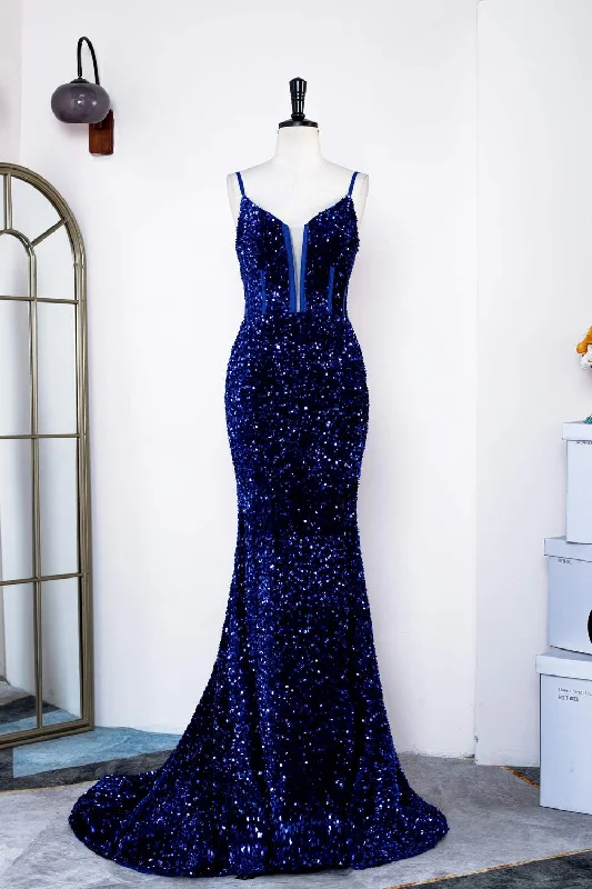 Fantastic Offers ruched dressRoyal Blue Sequins Spaghetti Straps Mermaid Long Prom Dress