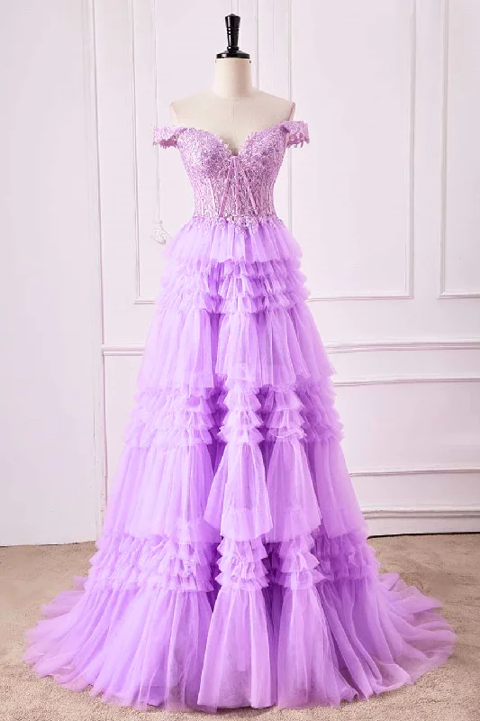 Deal Frenzy lace-up dressLavender Off-Shoulder Floral Layers A-line Long Prom Dress