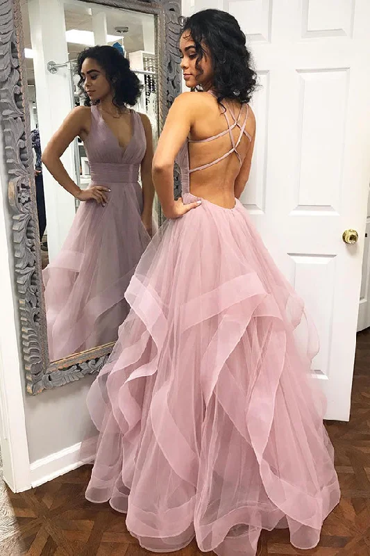 Closeout Sale casual shift dressPink Ruffled Long Prom Dress with Criss Cross Back