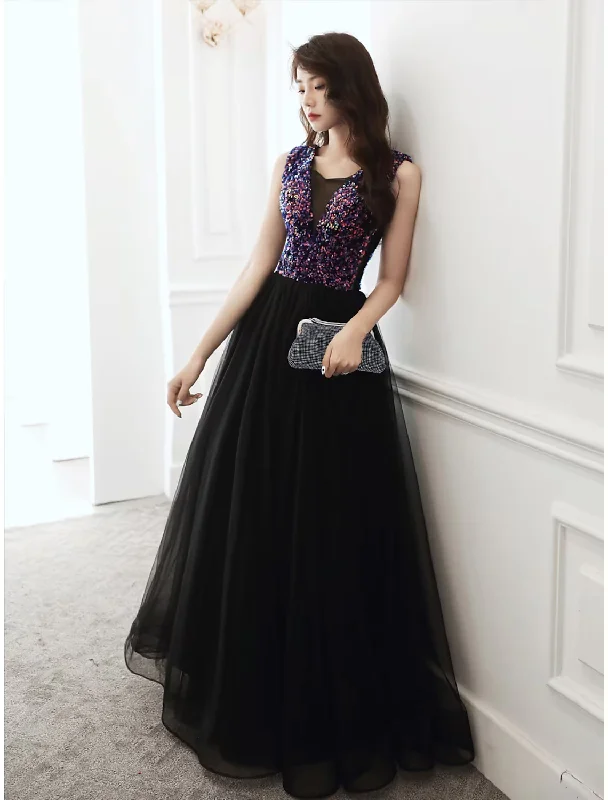 Deal Frenzy A-Line Glittering Wedding Guest Prom Dress V Neck Sleeveless Floor Length Sequined with