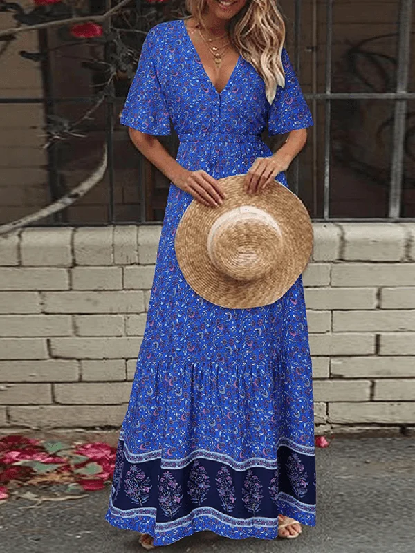 Price Cut winter dressRetro Floral Print V-Neck Maxi Dress - Bohemian Holiday Essential