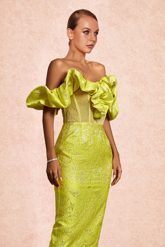 Discount Mania A-line dressYELLOW OFF SHOULDER PLEATED MIDI BODYCON DRESS