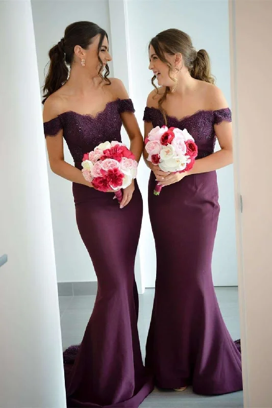 Referral Discount bohemian dressOff Shoulder Mermaid Long Bridesmaid Dress with Lace