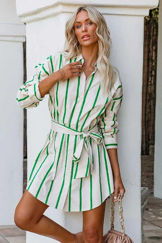 midi dressGreen Striped Print Lace-up Shirt Dress