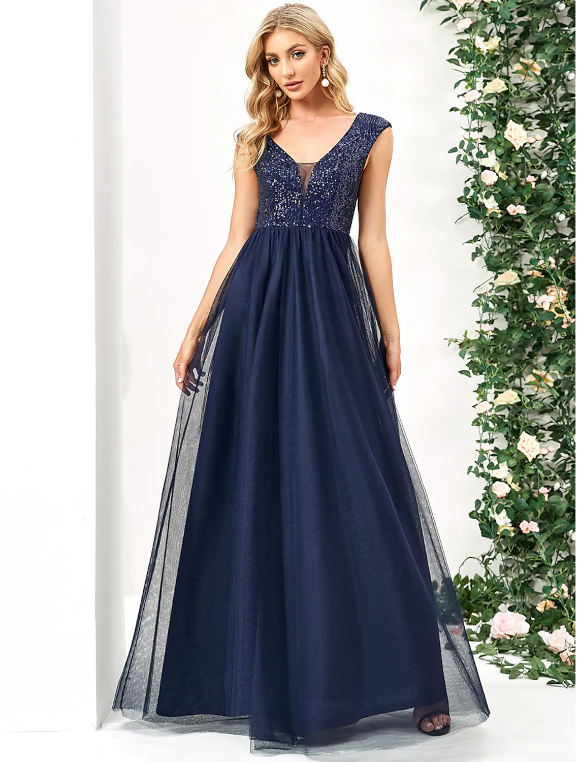 Price Drop A-Line Prom Dresses Elegant Dress Prom Floor Length Sleeveless V Neck Tulle with Sequin