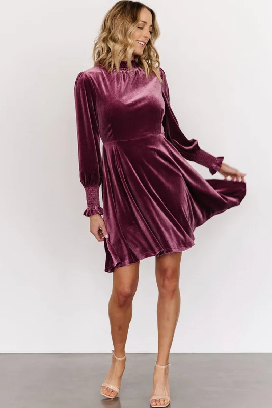 sleeveless dressBurgundy Long Sleeve Dress Smocked High Neck Flounce Sleeve Velvet Dress