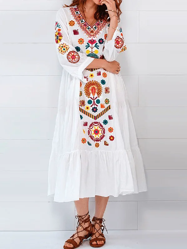 Amazing Deals silk dressEthnic Women V-Neck Long Sleeve Floral Print Holiday Bohemian Pleated Maxi Dress
