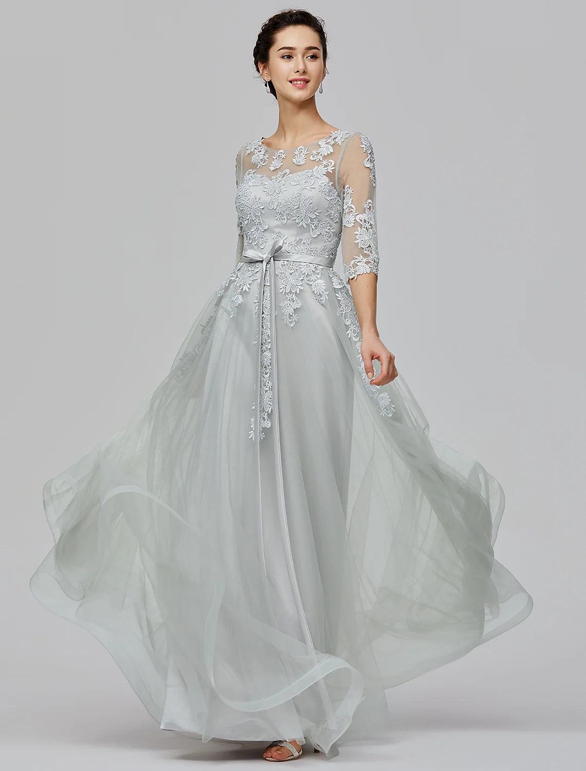 The Best Prices A-Line Dress Wedding Guest Floor Length Half Sleeve Tulle with Bow(s) Appliques