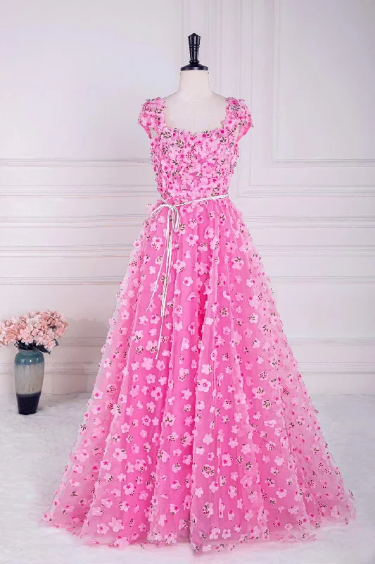 Bonus Savings casual summer dressPink 3D Floral Appliques A-line Long Prom Dress with Sash
