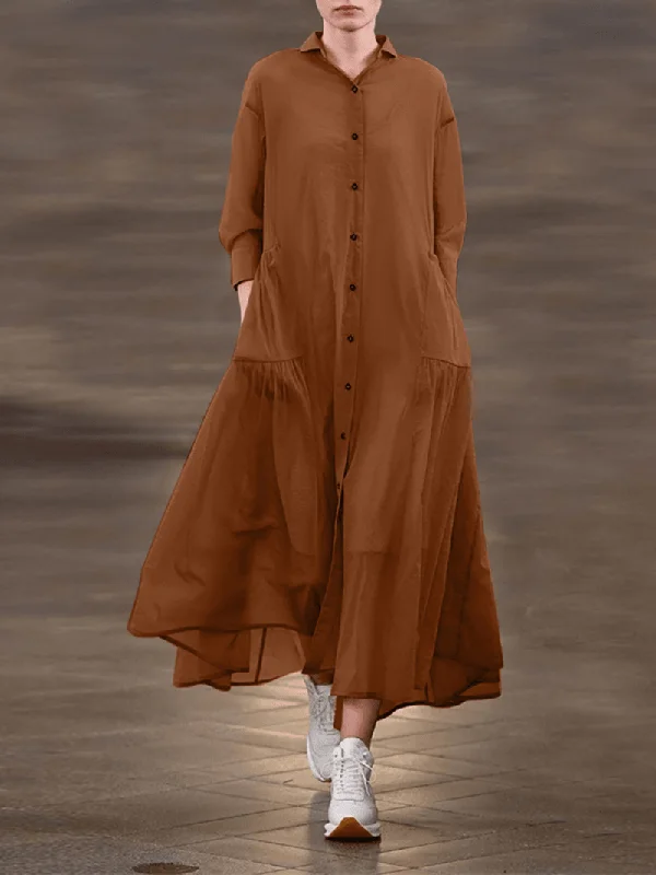 Flash Sale fitted bodycon dressWomen Solid Color Lapel Pleats Long Sleeve Casual Shirt Dress with Side Pocket