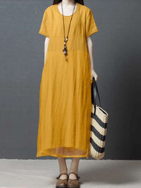 The Best Prices layered dressWomen Solid Color Patchwork round Neck Cotton Midi Dress with Pocket