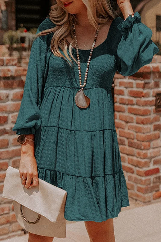 chic wrap dressMist Green Bishop Sleeve Smocked Tiered Casual Mini Dress