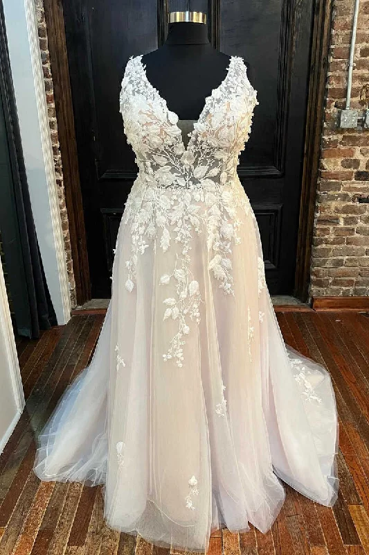 Major Savings vintage dressIvory Appliques V-Neck Backless A-Line Long Wedding Dress