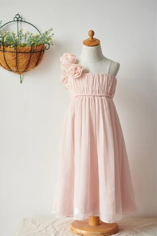 Loyalty Reward silk dressPearl Pink Pleated Flower Girl Dress with 3D Flowers