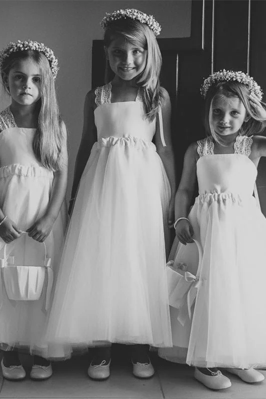 Price Fest floral dressAdorable A-Line White Long Flower Girl Dress with Criss Back