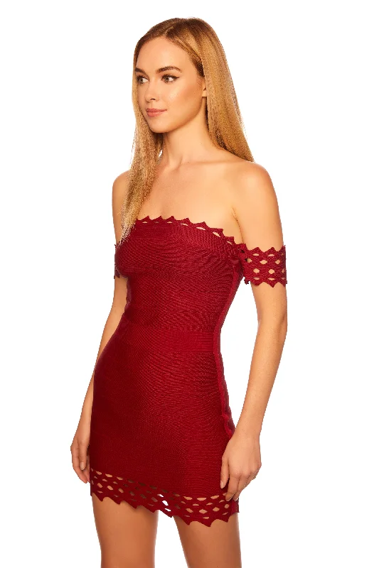 Members Only pleated maxi dressbandage eyelet off shoulder dress
