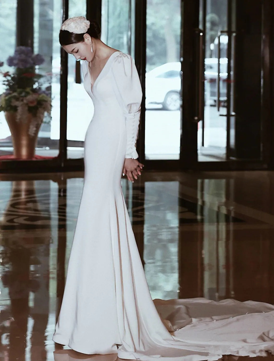 Act Fast Casual Wedding Dresses Long Sleeve V Neck Stretch Fabric Buttons